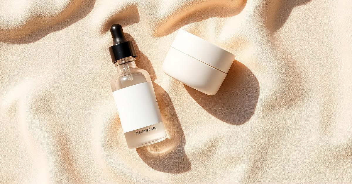 Routine skincare minimaliste — sérum à l'acide hyaluronique et crème hydratante sur lin beige