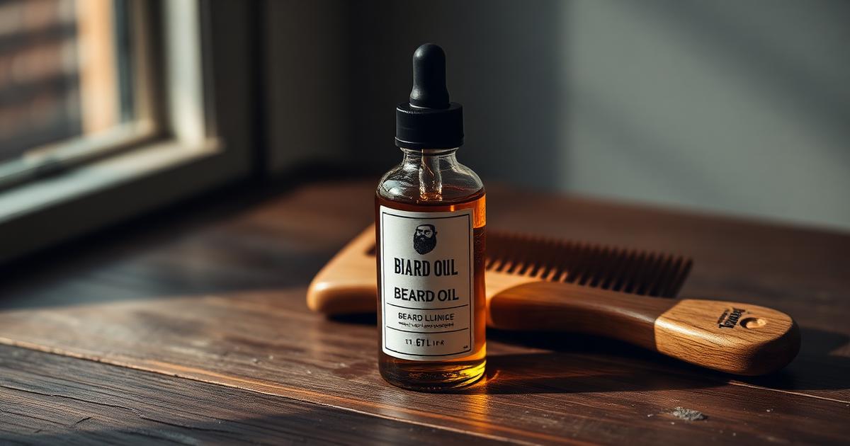 Huile à barbe Neolia avec peigne en bois sur table en bois sombre