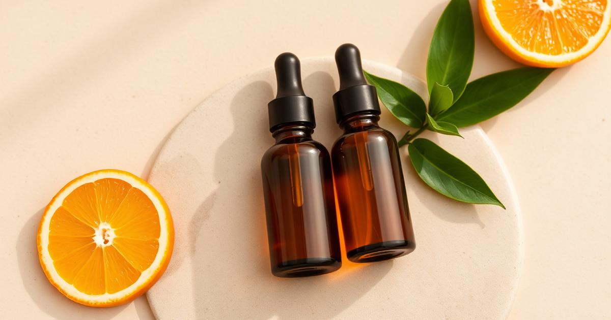 Sérums vitamine C et niacinamide en flacons ambrés avec orange fraîche